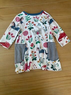 Mini Boden White Dress with Pink, Green, Blue and Red Floral & Horse Print